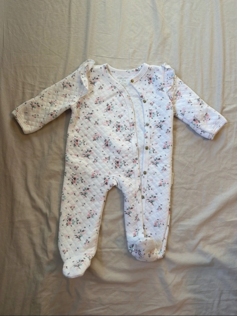 Shabby Chic Quilted Footed One-Piece in White and Pink Floral